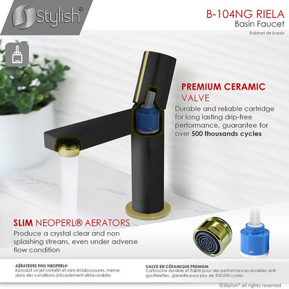 Stylish Single Handle Modern Bathroom Basin Sink Faucet in Matte Black with Gold accents Finish B-104NG