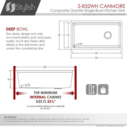 Stylish Canmore 32" x 18" Dual Mount Workstation Single Bowl White Composite Granite Kitchen Sink with Built in Accessories