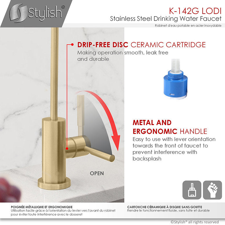 Stylish Lodi 11.25" Kitchen Drinking Water Tap Faucet, Stainless Steel Brushed Gold Finish K-142G