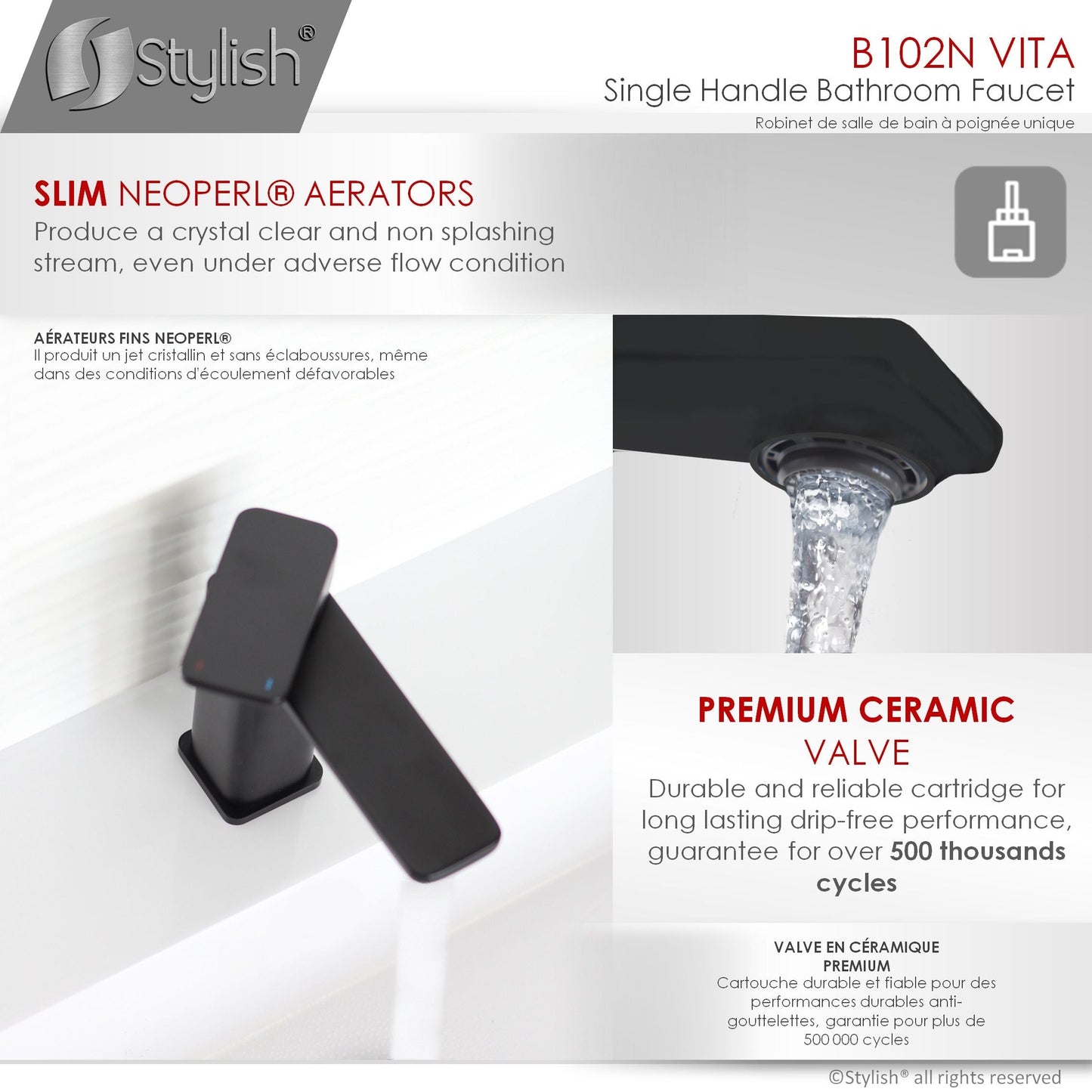 Stylish Vita Single Handle 6" Bathroom Faucet for Single Hole Brass Basin Mixer Tap, Matte Black Finish B-102N