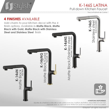 Stylish Latina 13" Kitchen Faucet Single Handle Pull Down Dual Mode Stainless Steel Brushed Finish K-146S