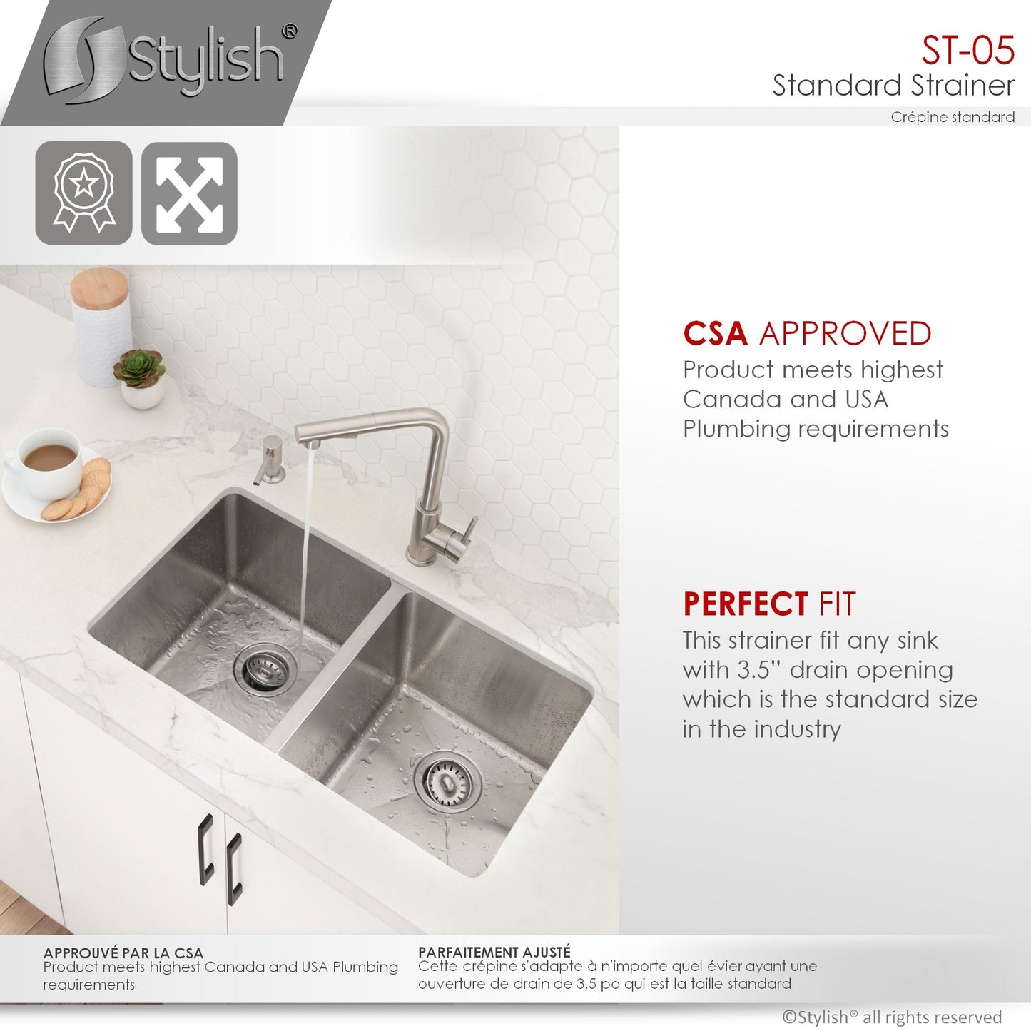 Stylish 3.5" Stainless Steel Strainer with Removable Basket, Strainer Assembly ST-05