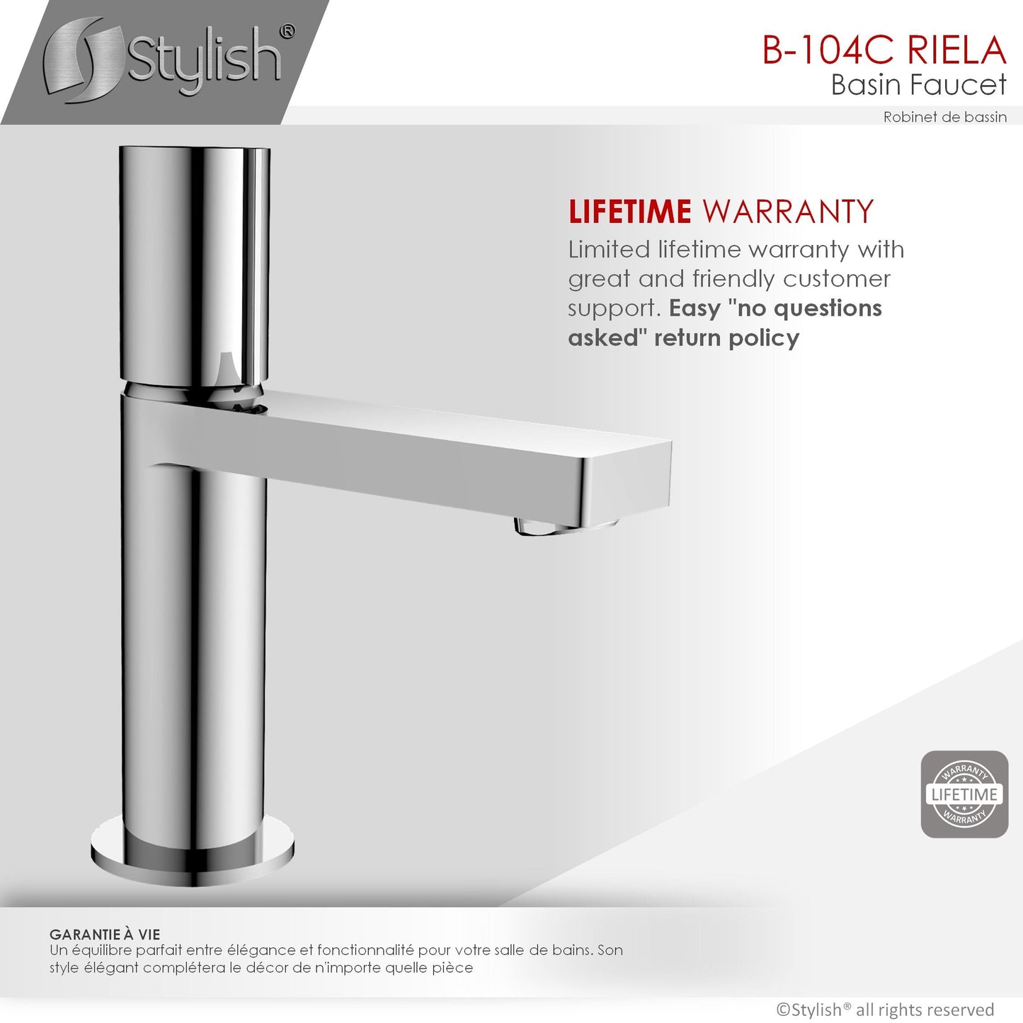Stylish Riela 7" Single Handle Modern Bathroom Basin Faucet in Polished Chrome Finish B-104C