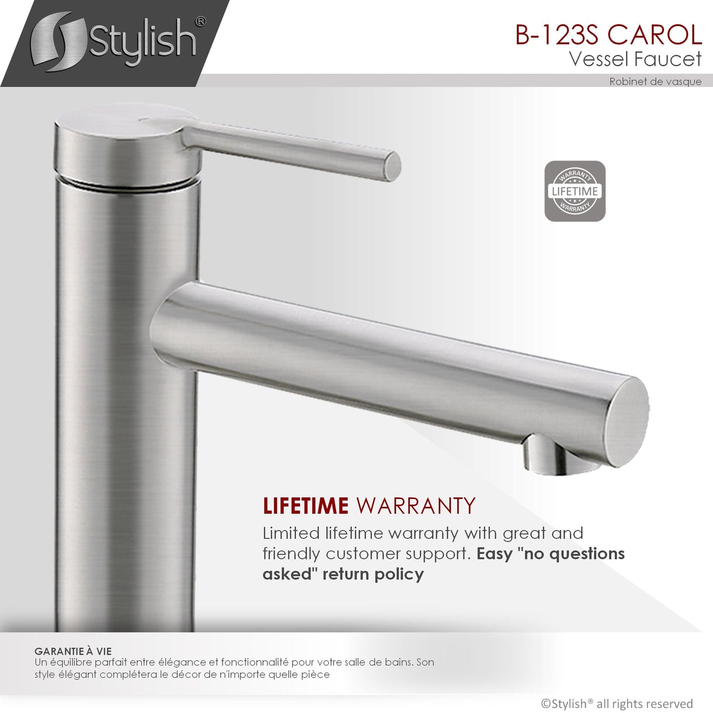 Stylish Carol 11.62" Bathroom Vessel Faucet Single Handle Brushed Stainless Steel Finish B-123S