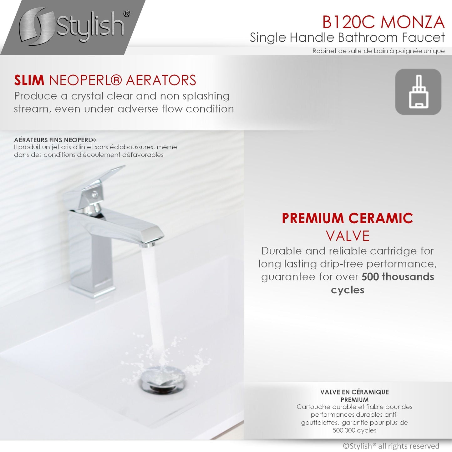 Stylish Monza Single Handle 6.5" Bathroom Faucet for Single Hole Brass Basin Mixer Tap, Polished Chrome Finish B-120C