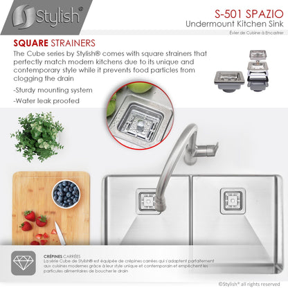 Stylish Spazio 33" x 18" Slim Low Divider Double Bowl Undermount Stainless Steel Kitchen Sink S-501XG