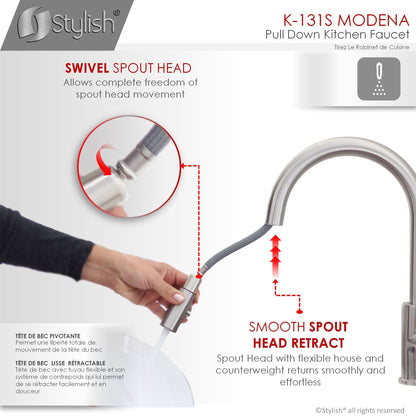 Stylish Modena 14" Kitchen Faucet Single Handle Pull Down Dual Mode Stainless Steel Brushed Finish K-131S