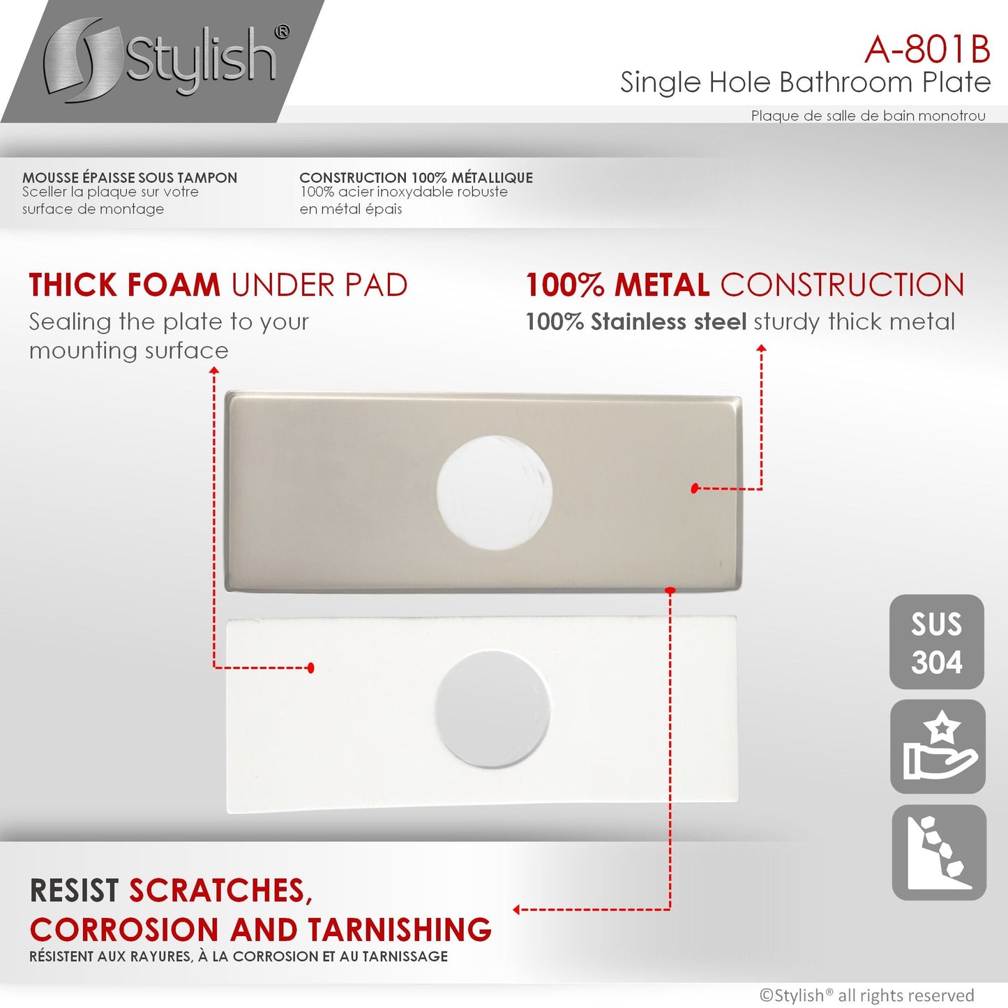 Stylish Single Hole Bathroom Faucet Plate in Brushed Nickel Finish A-801B