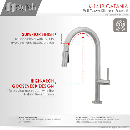 Stylish Catania 17.25" Kitchen Faucet Single Handle Pull Down Dual Mode Lead Free Brushed Nickel Finish K-141B