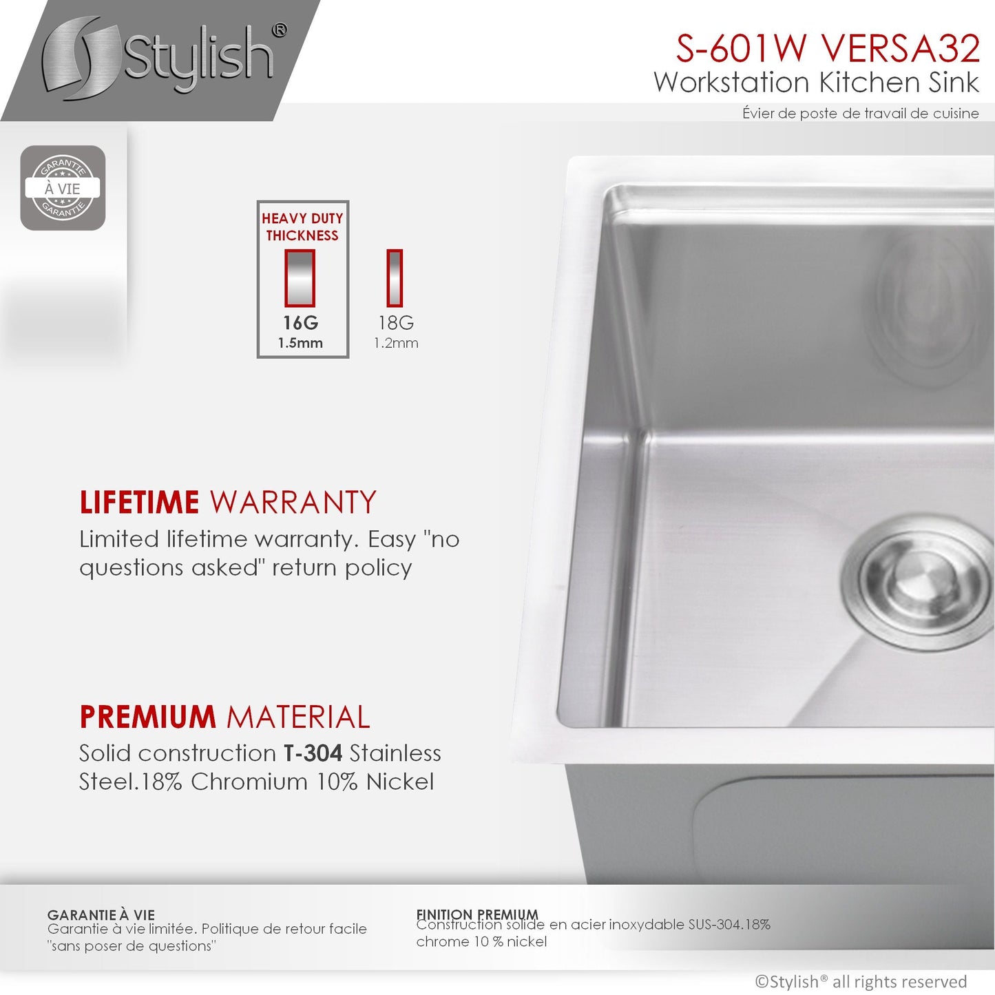 Stylish Versa32 32" x 19" Workstation Double Bowl Undermount Kitchen Sink with Built in Accessories S-601W