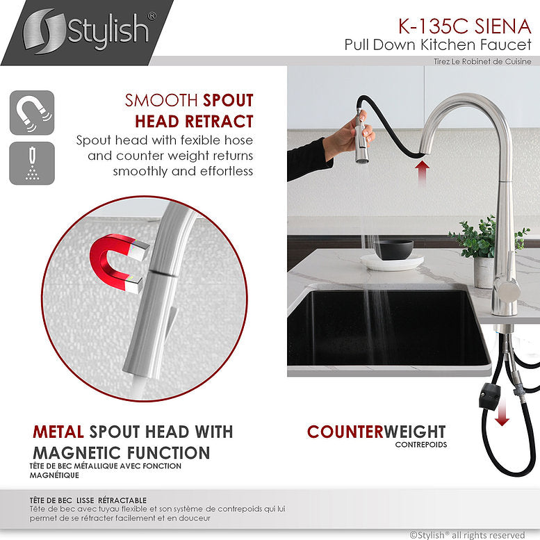 Stylish Siena Kitchen Faucet Single Handle Pull Down Dual Mode Stainless Steel Polished Chrome Finish K-135C