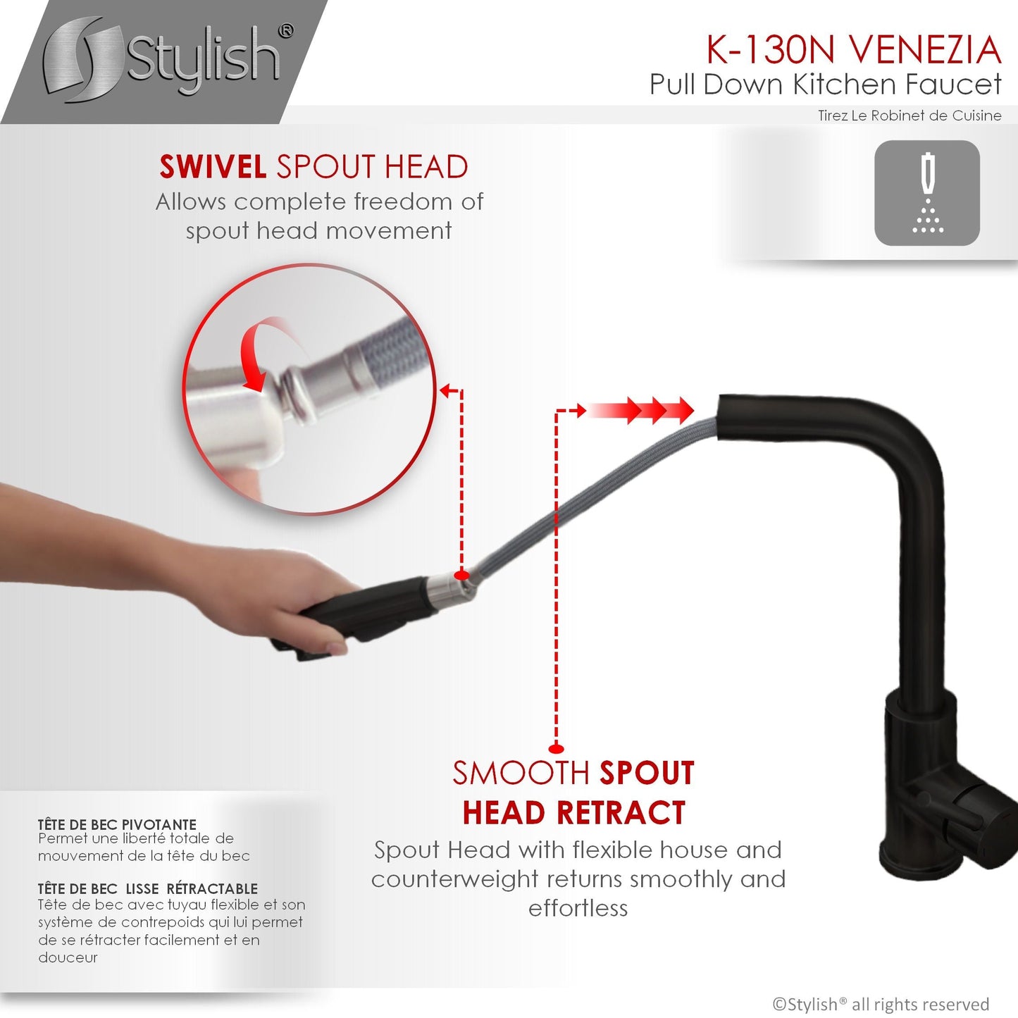 Stylish Venezia 12" Kitchen Faucet Single Handle Pull Down Dual Mode Stainless Steel, Matte Black Finish K-130N