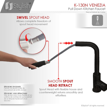 Stylish Venezia 12" Kitchen Faucet Single Handle Pull Down Dual Mode Stainless Steel, Matte Black Finish K-130N