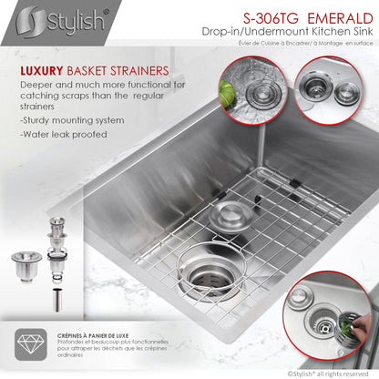 Stylish Emerald 28" x 18" Single Bowl Drop-in/Undermount Stainless Steel Kitchen Sink S-306TG