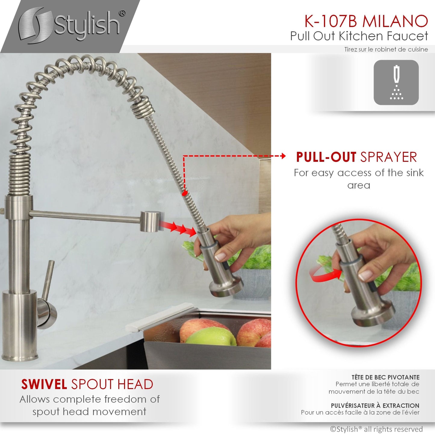 Stylish Milano 17.5" Kitchen Faucet Single Handle Pull Down Dual Mode Lead Free Brushed Nickel Finish K-107B