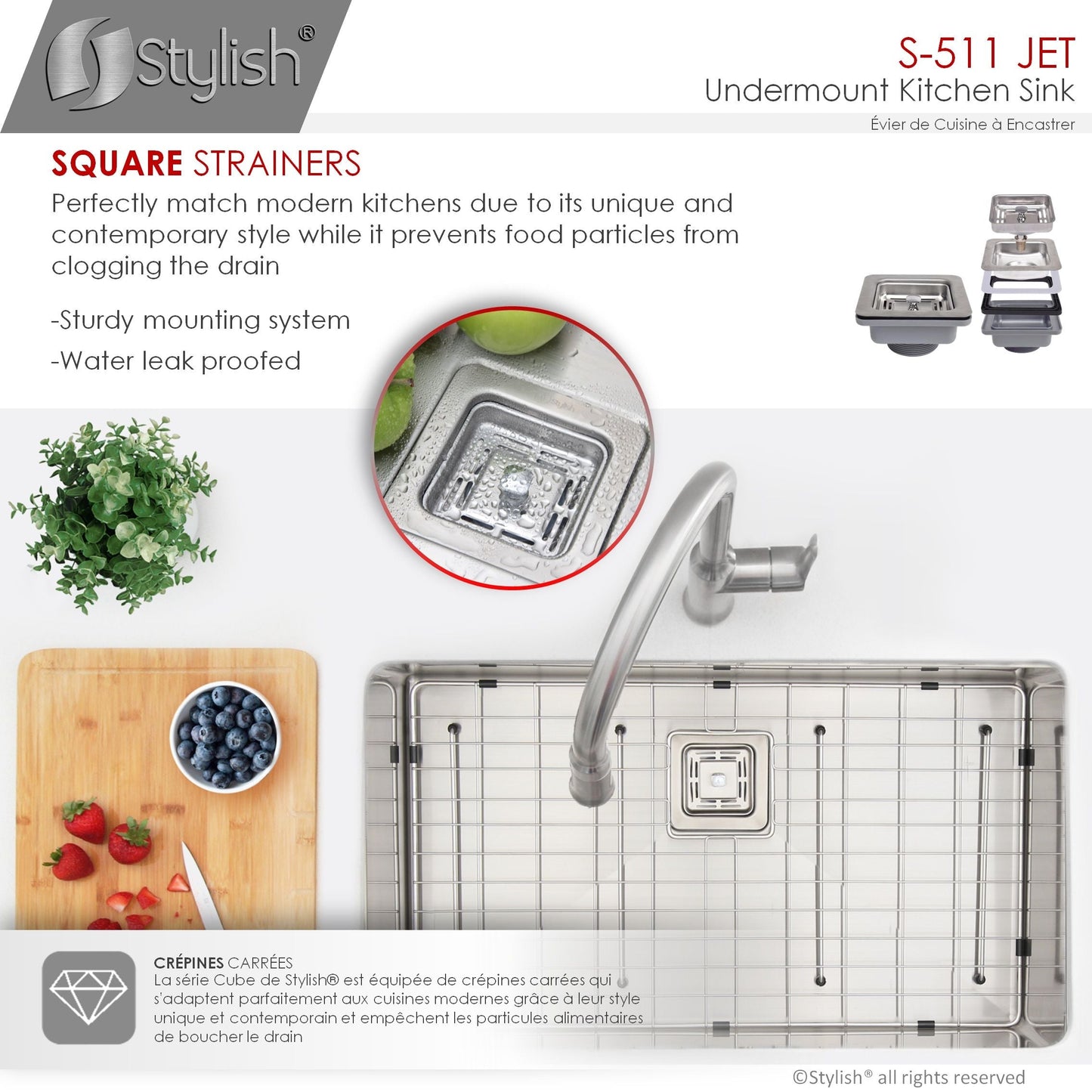 Stylish Jet 30" x 18" Single Bowl Stainless Steel Kitchen Sink with Square Strainer S-511XG