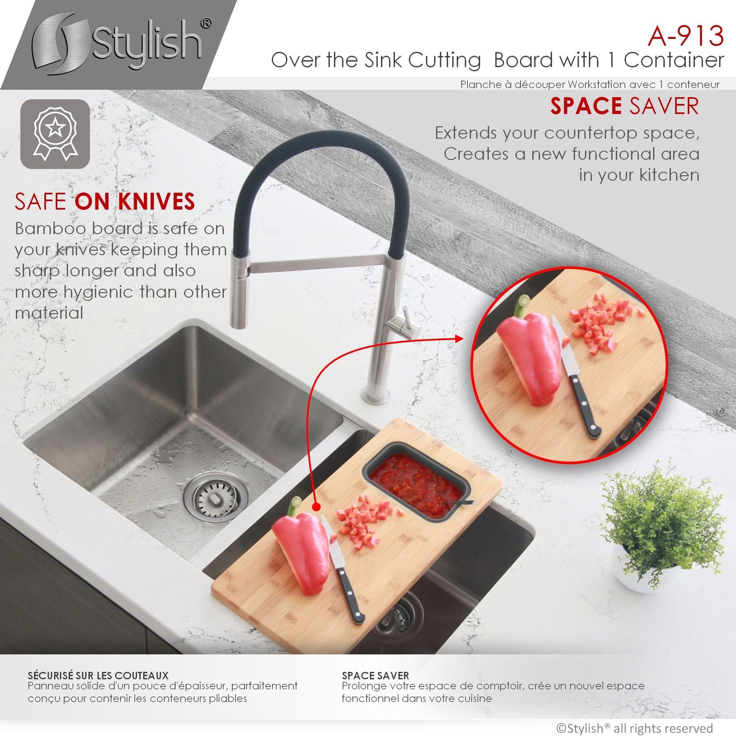 Stylish 18" Over The Sink Serving Board With 1 Container A-913