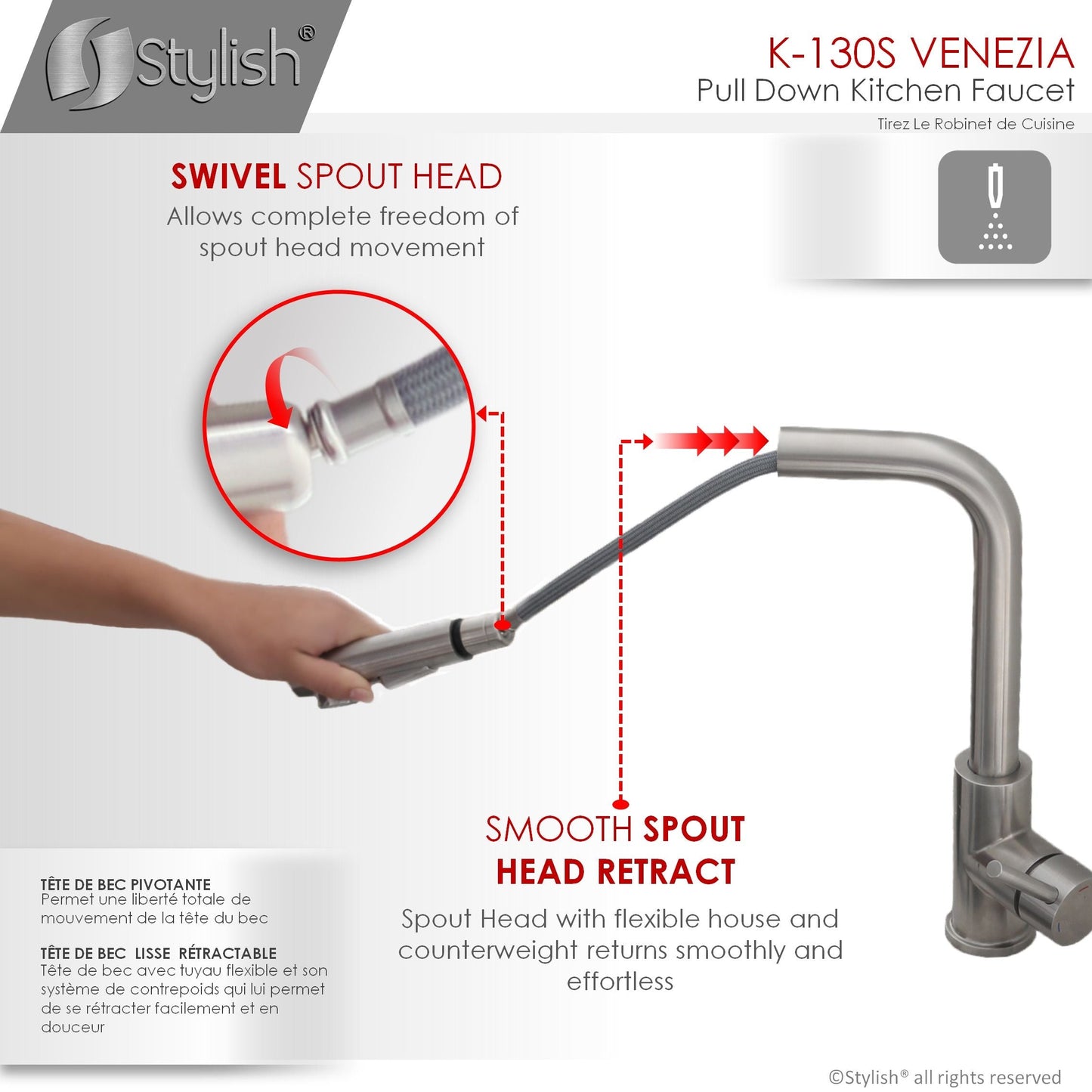 Stylish Venezia 12" Kitchen Faucet Single Handle Pull Down Dual Mode Stainless Steel, Brushed Finish K-130S
