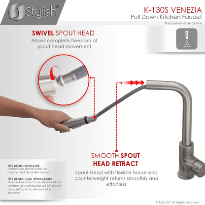 Stylish Venezia 12" Kitchen Faucet Single Handle Pull Down Dual Mode Stainless Steel, Brushed Finish K-130S