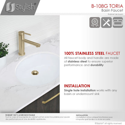 Stylish Toria 6" Single Handle Basin Bathroom Faucet in Brushed Gold Finish B-108G