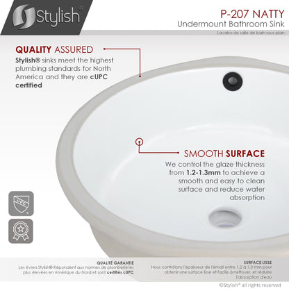 Stylish Natty 16" x 16" Round Undermount Ceramic Bathroom Sink with 2 Overflow Finishes P-207