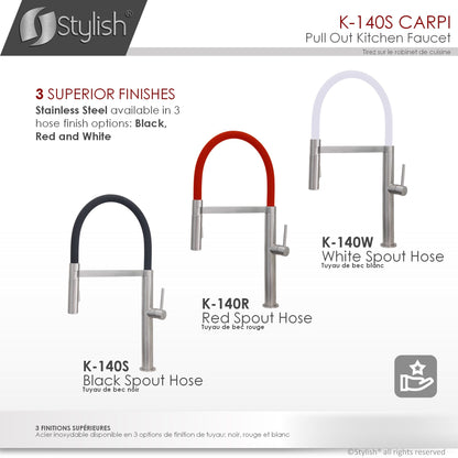 Stylish Carpi 20" Stainless Steel Single Handle Pull Out Dual Mode Kitchen Faucet with Black Spout Hose K-140S