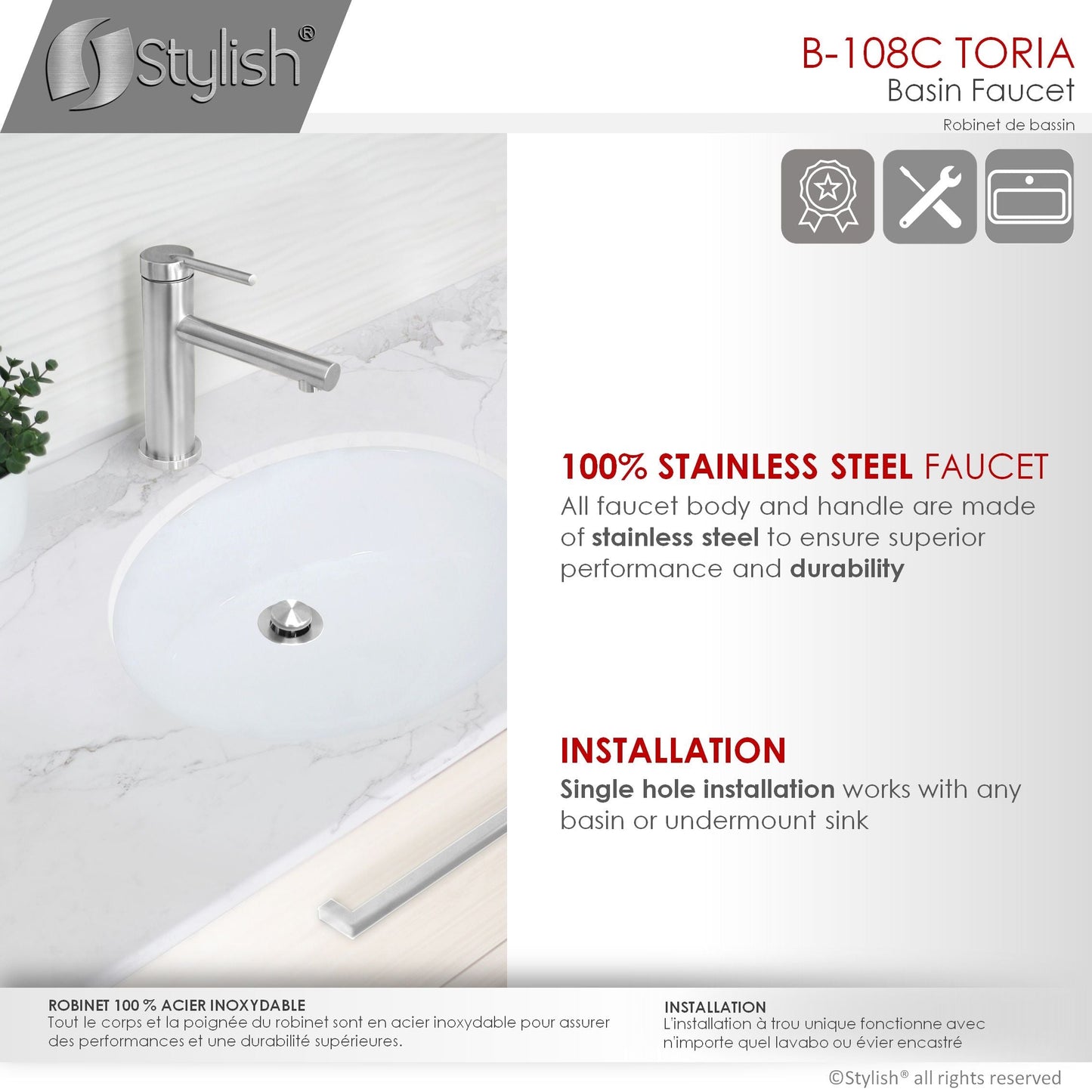Stylish Toria 6" Single Handle Basin Bathroom Faucet in Stainless Steel Finish B-108S