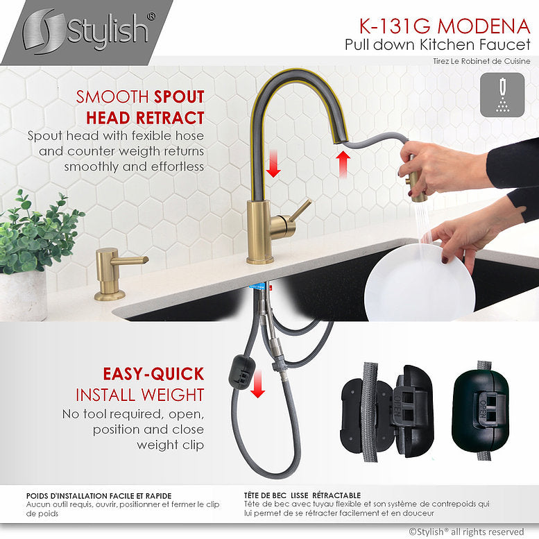Stylish Modena 14" Kitchen Faucet Single Handle Pull Down Dual Mode Stainless Steel Gold Finish K-131G
