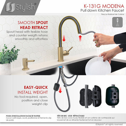 Stylish Modena 14" Kitchen Faucet Single Handle Pull Down Dual Mode Stainless Steel Gold Finish K-131G