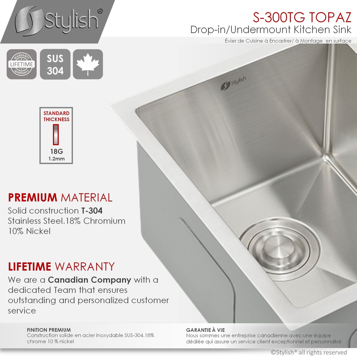 Stylish TOPAZ 28" x 18" Dual Mount Double Bowl Kitchen Sink, 18 Gauge Stainless Steel with Grids and Basket Strainers, S-300TG