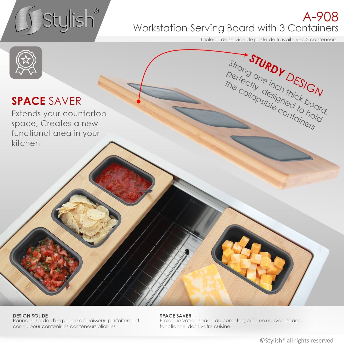 Stylish Workstation Serving Board With 3 Containers A-908