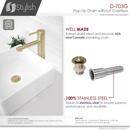 Stylish Stainless Steel Bathroom Sink Pop-Up Drain without Overflow Brushed Gold Finish D-703G