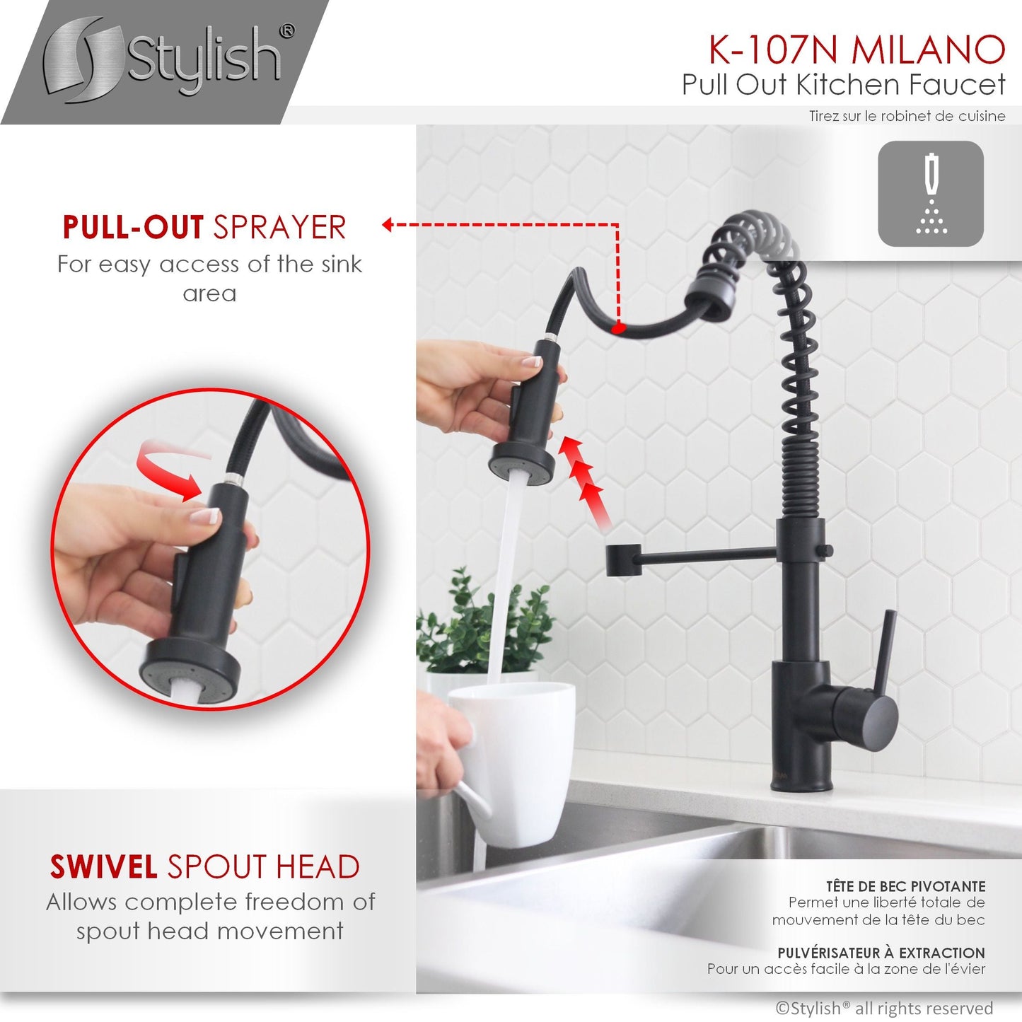 Stylish Milano 17.5" Kitchen Faucet Single Handle Pull Down Dual Mode Lead Free Matte Black Finish K-107N