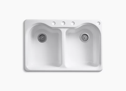 Kohler Hartland 33" X 22" X 9-5/8" Top-mount Double-equal Kitchen Sink With 4 Faucet Holes - White