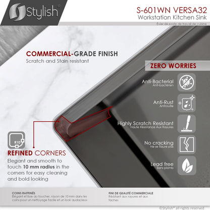 Stylish VERSA32 32" x 19" Graphite Black Workstation Double Bowl Undermount 16 Gauge Stainless Steel Kitchen Sink with Built in Accessories, S-601WN
