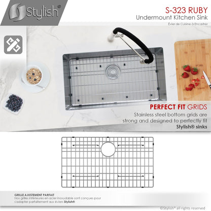 Stylish Ruby 32" x 18" Single Bowl Kitchen Sink, 16 Gauge Stainless Steel with Grid and Basket Strainer, S-323XG