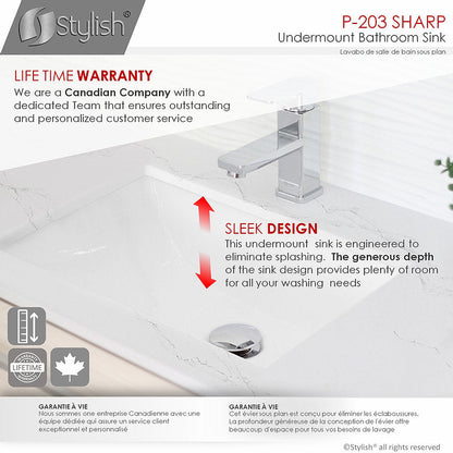 Stylish Sharp 21.25" x 14.5" Rectangular Undermount Bathroom Sink with Overflow Polished Chrome P-203