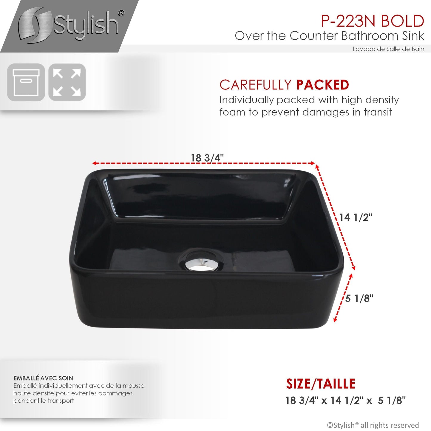 Stylish Bold 18.75" x 14.5" Rectangular Vessel Bathroom Sink Black P-223N