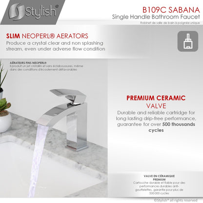 Stylish Sabana Single Handle 7" Bathroom Faucet for Single Hole Brass Basin Mixer Tap, Polished Chrome Finish B-109C