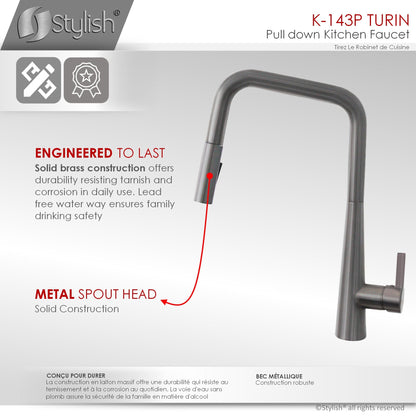 Stylish Turin 17" Kitchen Faucet Single Handle Pull Down Dual Mode Lead Free Gun Metal K-143P