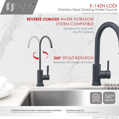 Stylish Lodi 11.25" Kitchen Drinking Water Tap Faucet, Stainless Steel Matte Black Finish K-142N