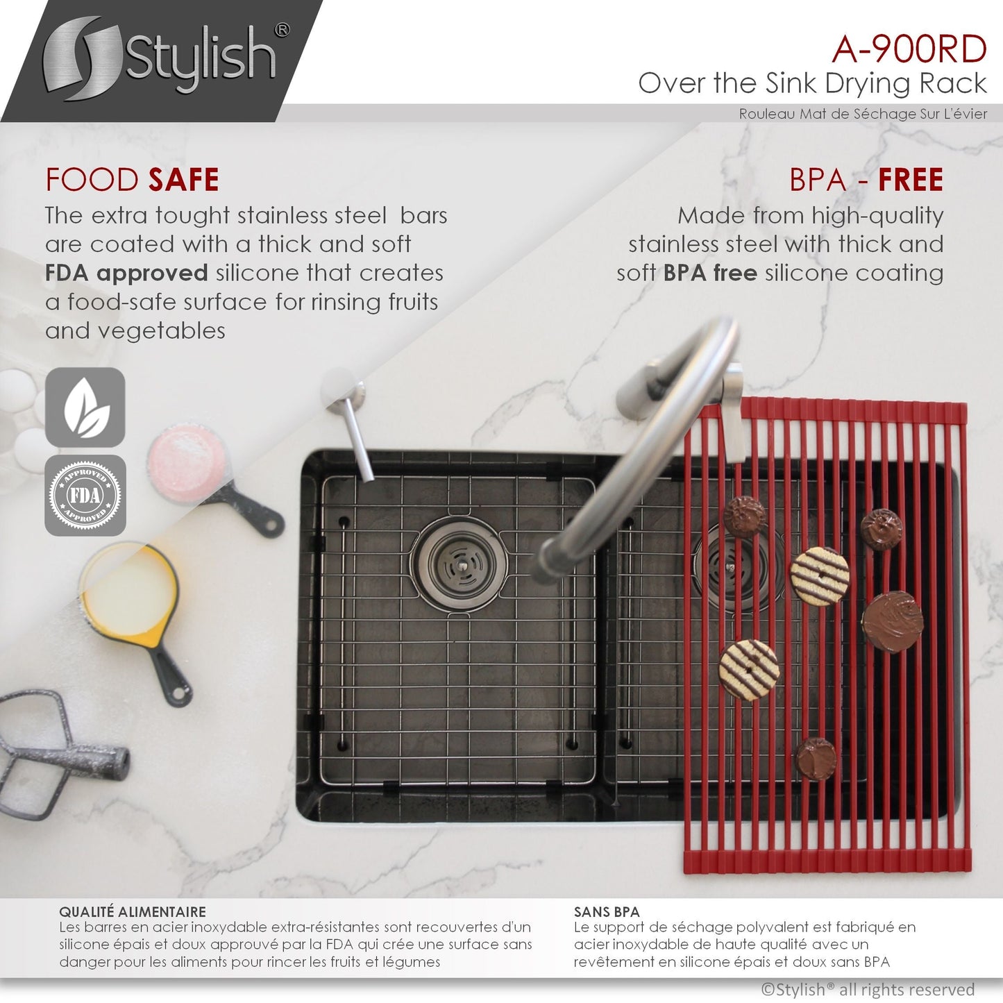 Stylish 20" Over the Sink Roll-up Drying Rack Red A-900RD