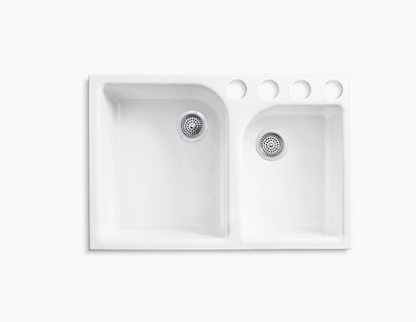 Kohler Executive Chef 33" X 22" X 10-5/8" Undermount Large/medium, High/low Double-bowl Kitchen Sink With 4 Oversize Faucet Holes - Biscuit