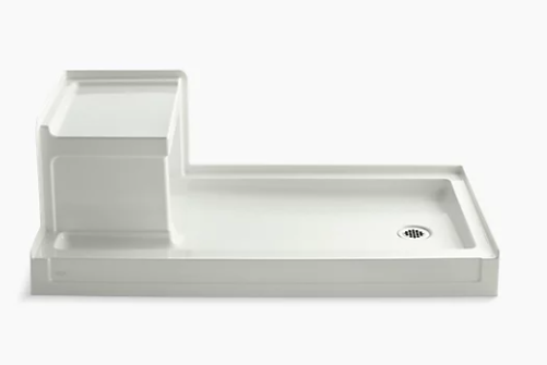 Kohler Tresham 60" x 32" single threshold right-hand drain shower base with integral left-hand seat - Dune