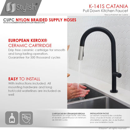 Stylish Catania 17.25" Kitchen Faucet Single Handle Pull Down Dual Mode Lead Free Matte Black with Silver Head and Handle Finish K-141NS