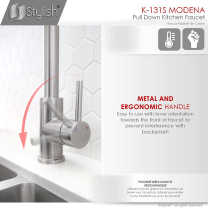 Stylish Modena 14" Kitchen Faucet Single Handle Pull Down Dual Mode Stainless Steel Brushed Finish K-131S