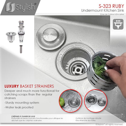 Stylish Ruby 32" x 18" Single Bowl Kitchen Sink, 16 Gauge Stainless Steel with Grid and Basket Strainer, S-323XG