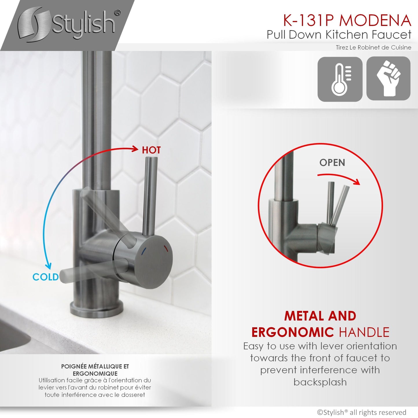 Stylish Modena 14" Kitchen Faucet Single Handle Pull Down Dual Mode Stainless Steel GunMetal Finish K-131P