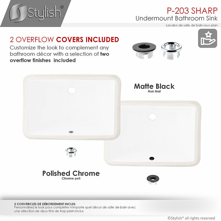 Stylish Sharp 21.25" x 14.5" Rectangular Undermount Bathroom Sink with Overflow Polished Chrome P-203