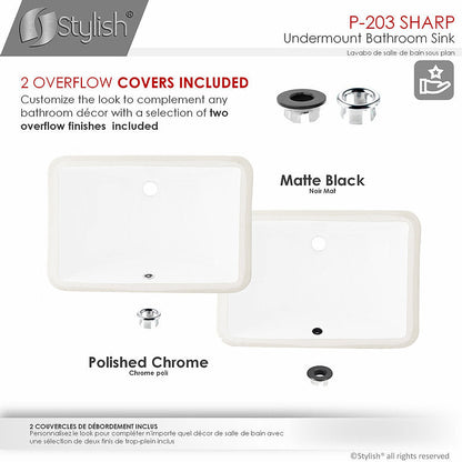 Stylish Sharp 21.25" x 14.5" Rectangular Undermount Bathroom Sink with Overflow Polished Chrome P-203